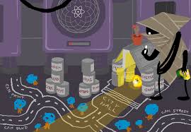 An image of the mayor from Homestuck building Can Town out of cans. Roads are drawn on the floor in chalk and there is a drawn building labelled CITY HALL. A firefly encased in amber provides the town with light.